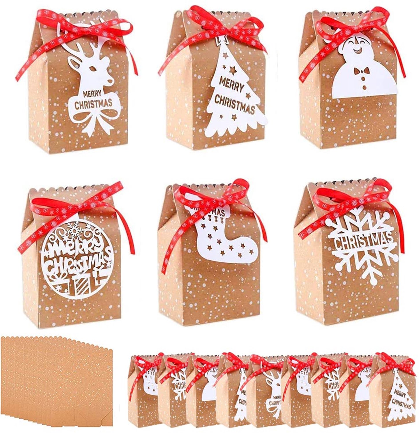24 Stuks Kerst Kraft Papier Cadeau Tassen met Tags en Ribbons