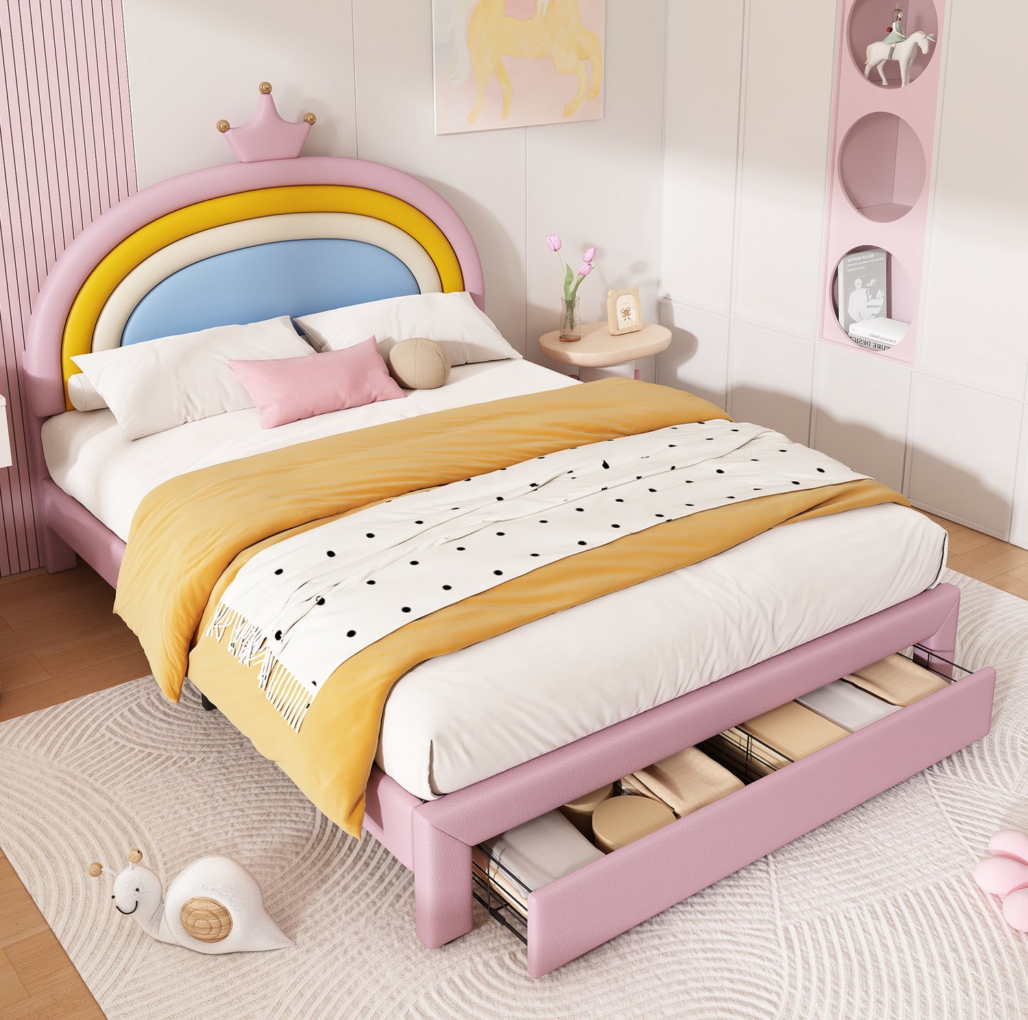 WUVRIE Kinderbed 140x200 cm - Verstelbaar regenboog-kroonhoofdbord met lade - Roze Pink