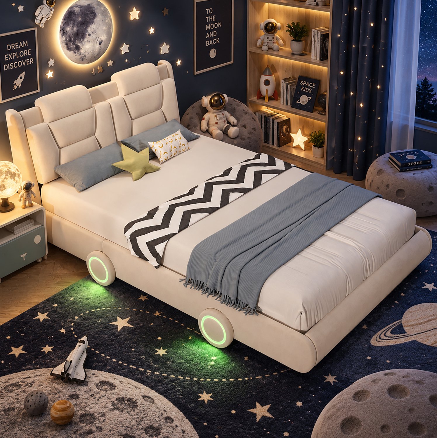 WUVRIE Kinderbed 140x200 cm - Autodesign met verstelbaar hoofdeinde en lichtstrips - Beige