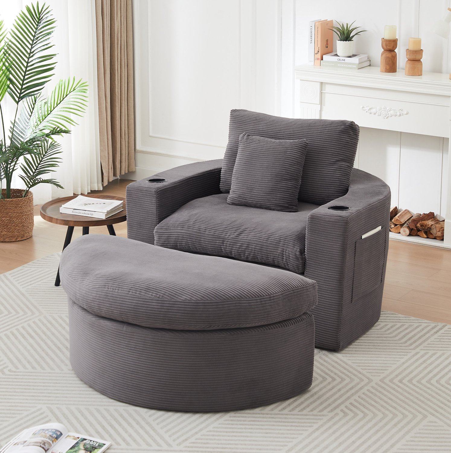 STILVORA Ronde Loungefauteuil 1-Zits Met Hocker - Verplaatsbare Voetensteun, Bekerhouder En Zijvakken - Woonkamer - Ribfluweel Grijs
