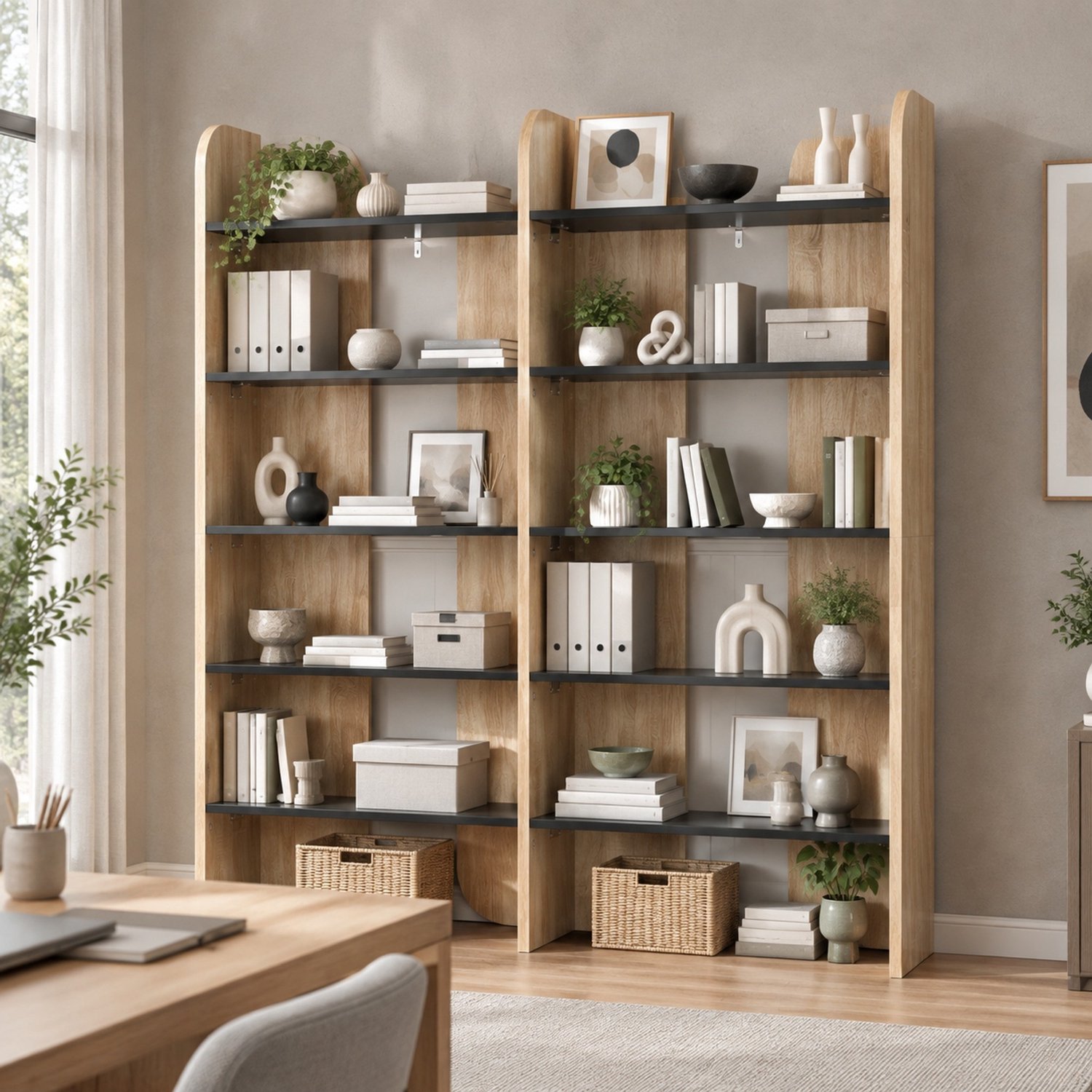 MODFU Boekenkast Met 5 Niveaus - Open Kast - Spaanplaat - Naturel En Zwart - 135 x 25 x 160 Cm