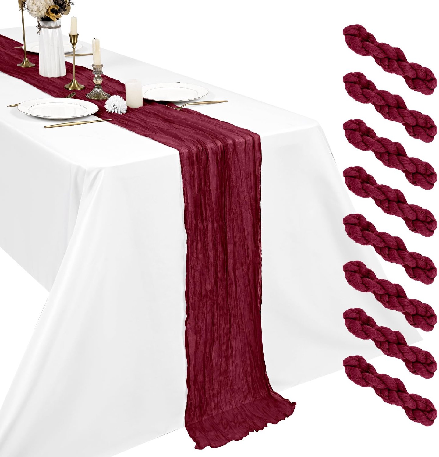8 Pakketten Burgunder Cheesecloth Tafel Runners 45x275cm - Bohemian Decoratie voor Feesten