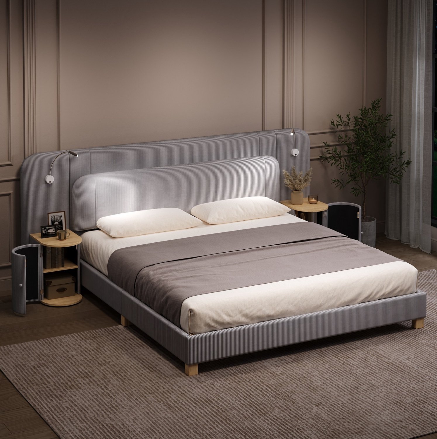 WUVRIE Gestoffeerd bed 180x200 cm - Met nachtkastjes, LED-verlichting en cordstof - Grijs