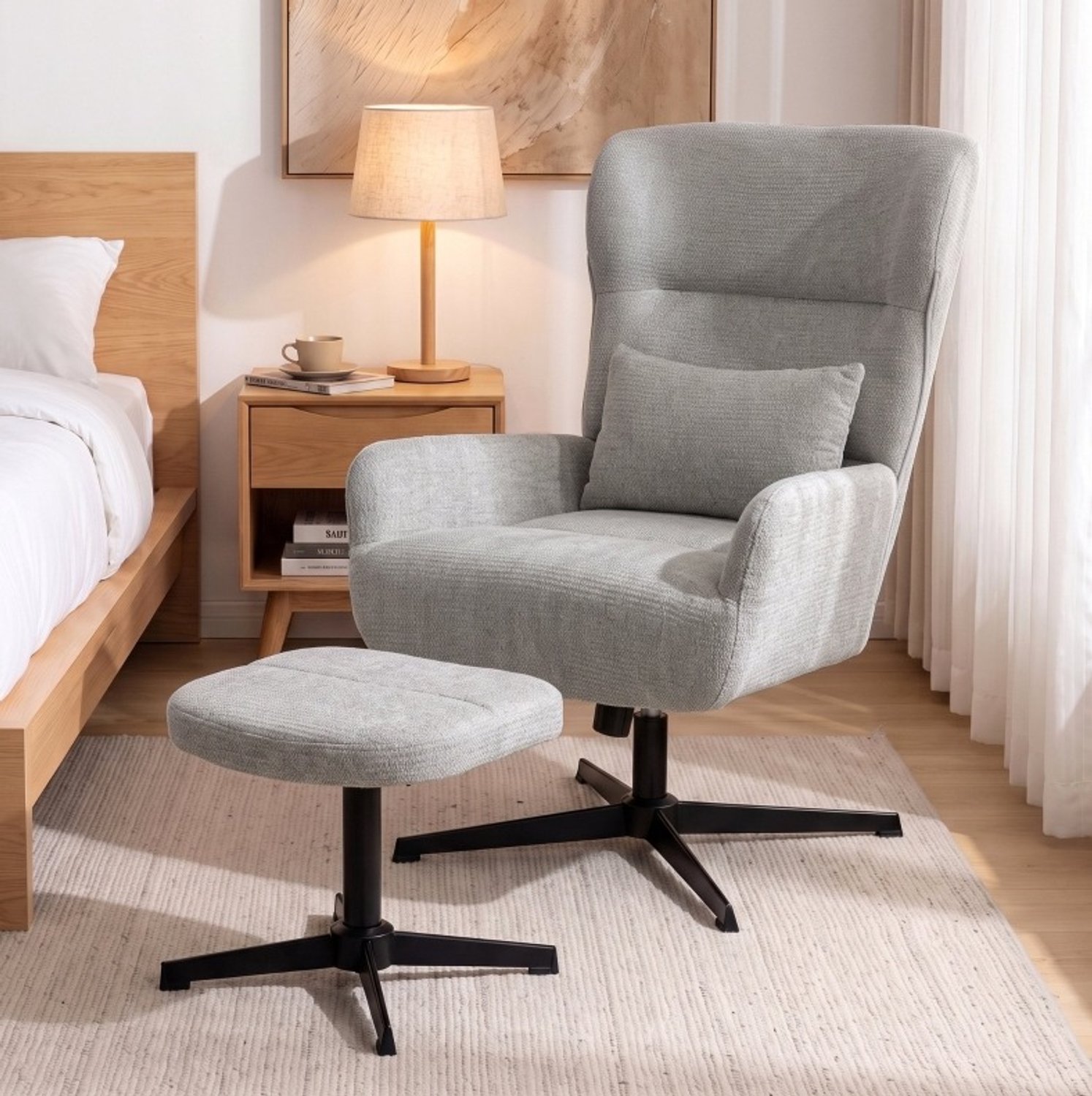 REDOM Draaibare hoogteverstelbare fauteuil met hocker - Chenille en lendenkussen - Grijs