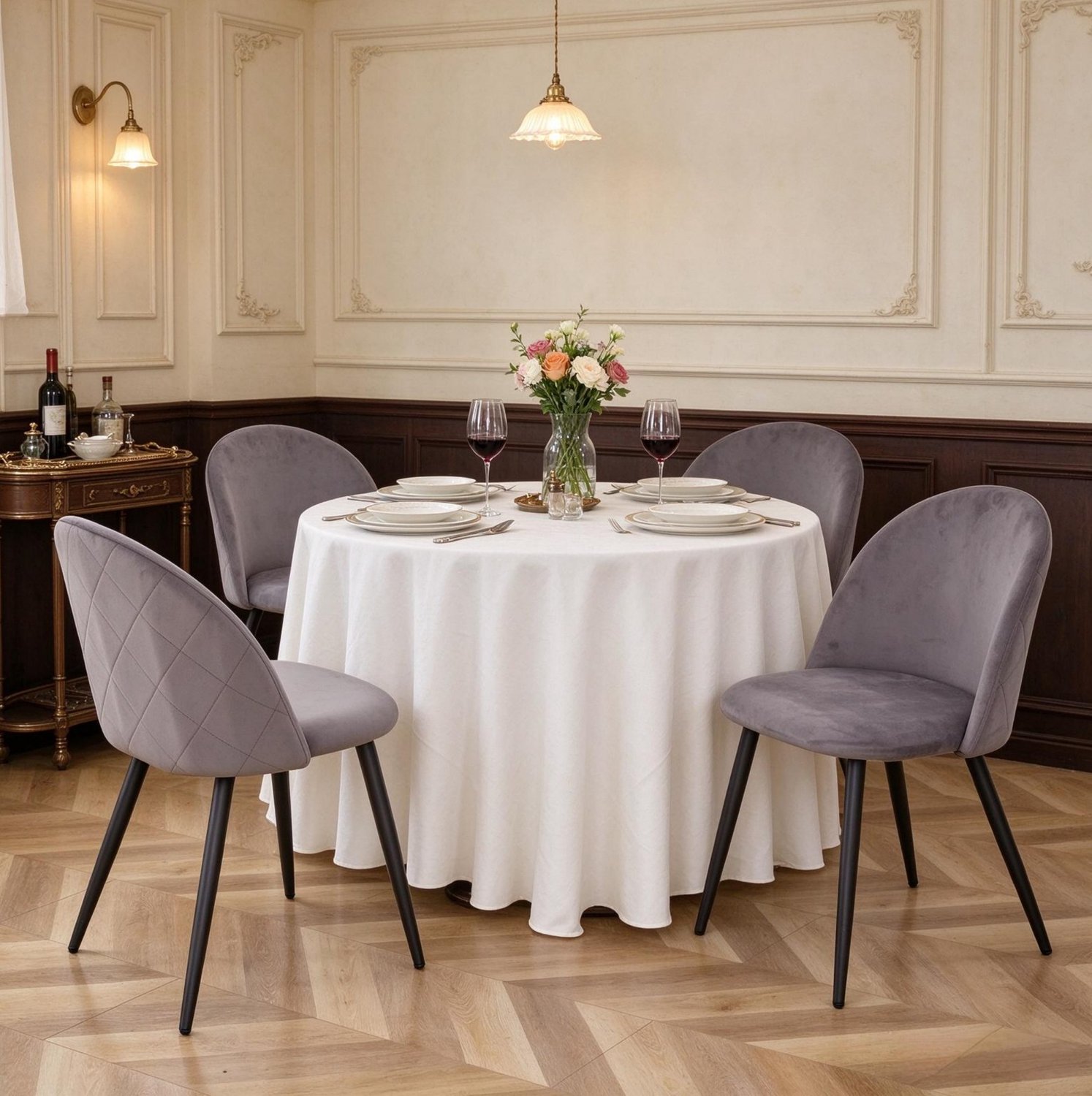 REDOM Set van 4 eetkamerstoelen 43 x 48 x 80 cm - Fluwelen bekleding en metalen poten - Grijs