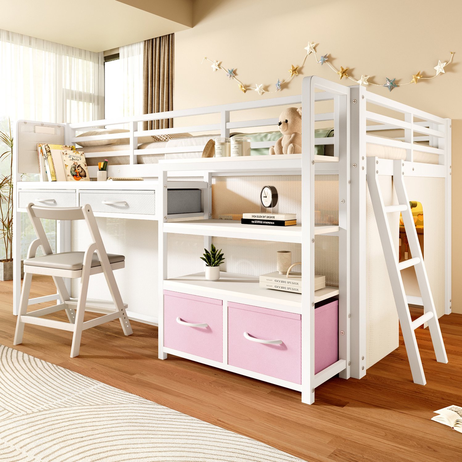 WUVRIE Hoogslaper 140x200 cm - Met bureau, stoffen lades, legplanken en LED-verlichting - Wit