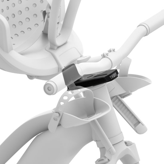 Zwarte Thule adapter gemonteerd op het stuur van een witte fiets met een kinderzitje.