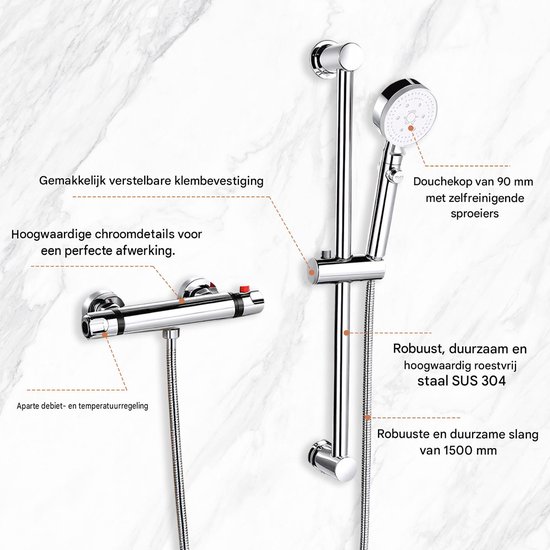 Douchekolom, douchekop met slang, doucheset met thermostaatkraan, RVS, badkamerset meubels, Verstelbare Douchekolom, Handdouche & Mengkraan, Complete Badkamerset