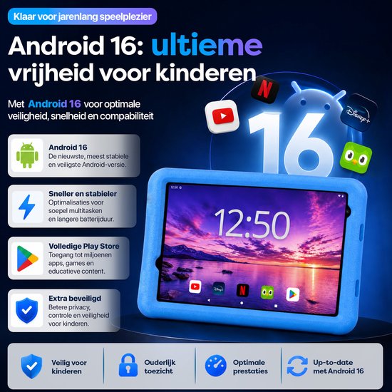 AngelTech Kindertablet PRO MAX - Android 16 - 4+4GB RAM - 64GB - Snelle 8 Inch Kindertablet - Vanaf 3 Jaar - Perfect Voor School - Ouderlijk Toezicht - Ook Voor Volwassenen - 360° Fidgy Beschermhoes - Blauw