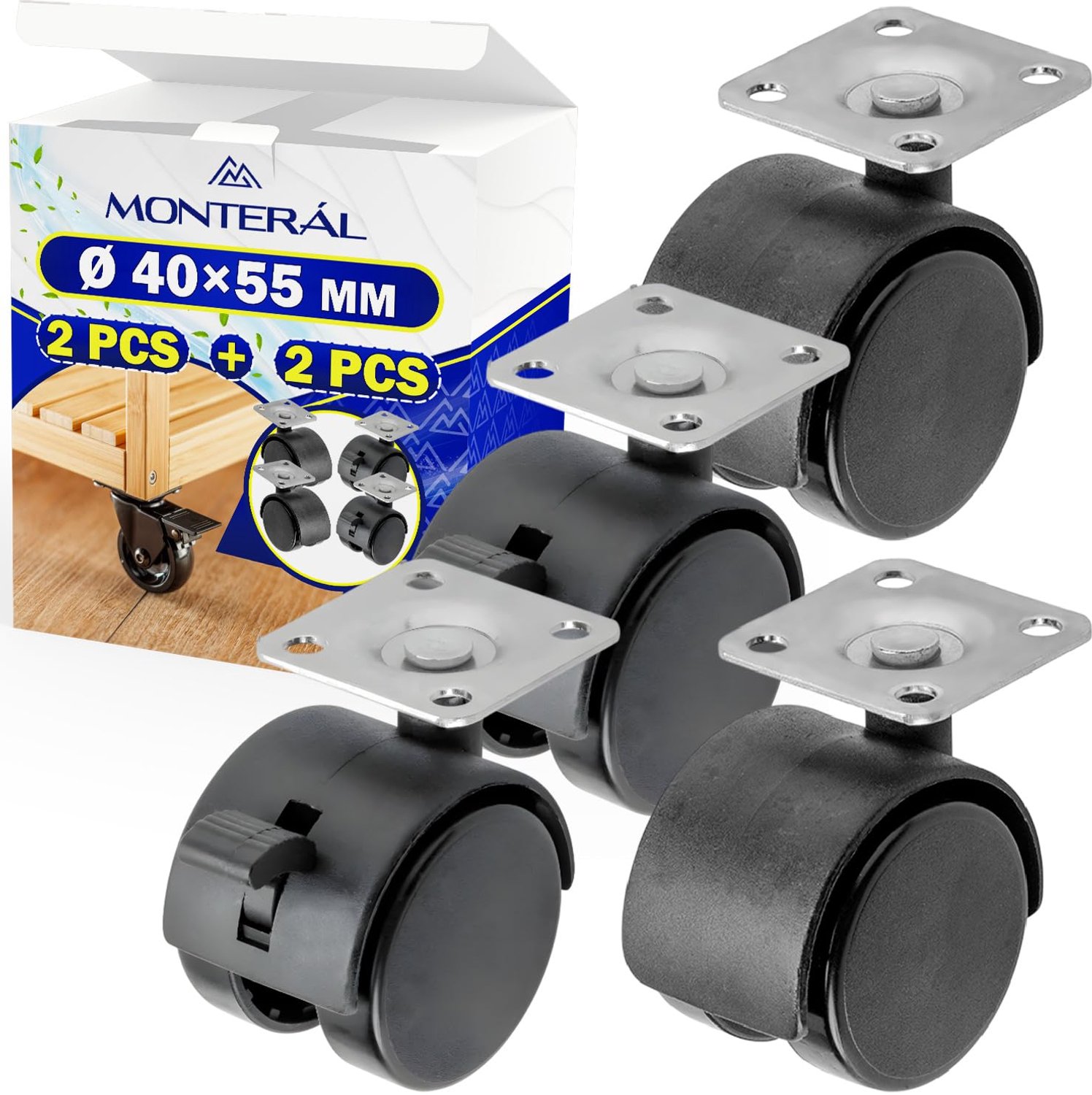 meubelwielen Ø 40 x 55 mm - 2 met rem en 2 zonder rem - staal en kunststof - 10 jaar garantie m-winkel - 2 stuks - m-winkel