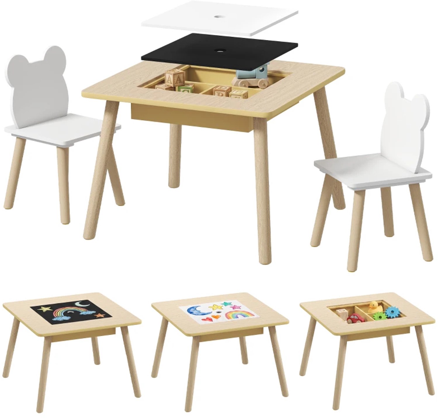 Kinderzitgroep - Kindertafel met 2 stoelen - Opbergruimte - Beervormige rugleuning - Voor kinderen van 3 tot 6 jaar - Natuurlijk hout