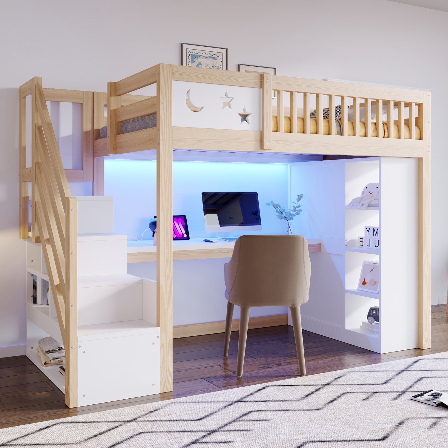 WUVRIE Hoogslaper 90x200 cm - Bureau, LED-verlichting en opbergruimte - Wit/naturel