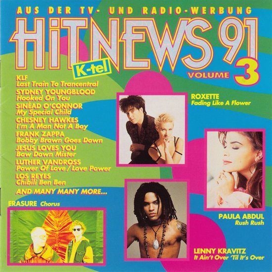 Hoes van Hitnews 91 Volume 3 cd met artiestenfoto's van Roxette, Paula Abdul en Lenny Kravitz op een kleurrijke achtergrond.