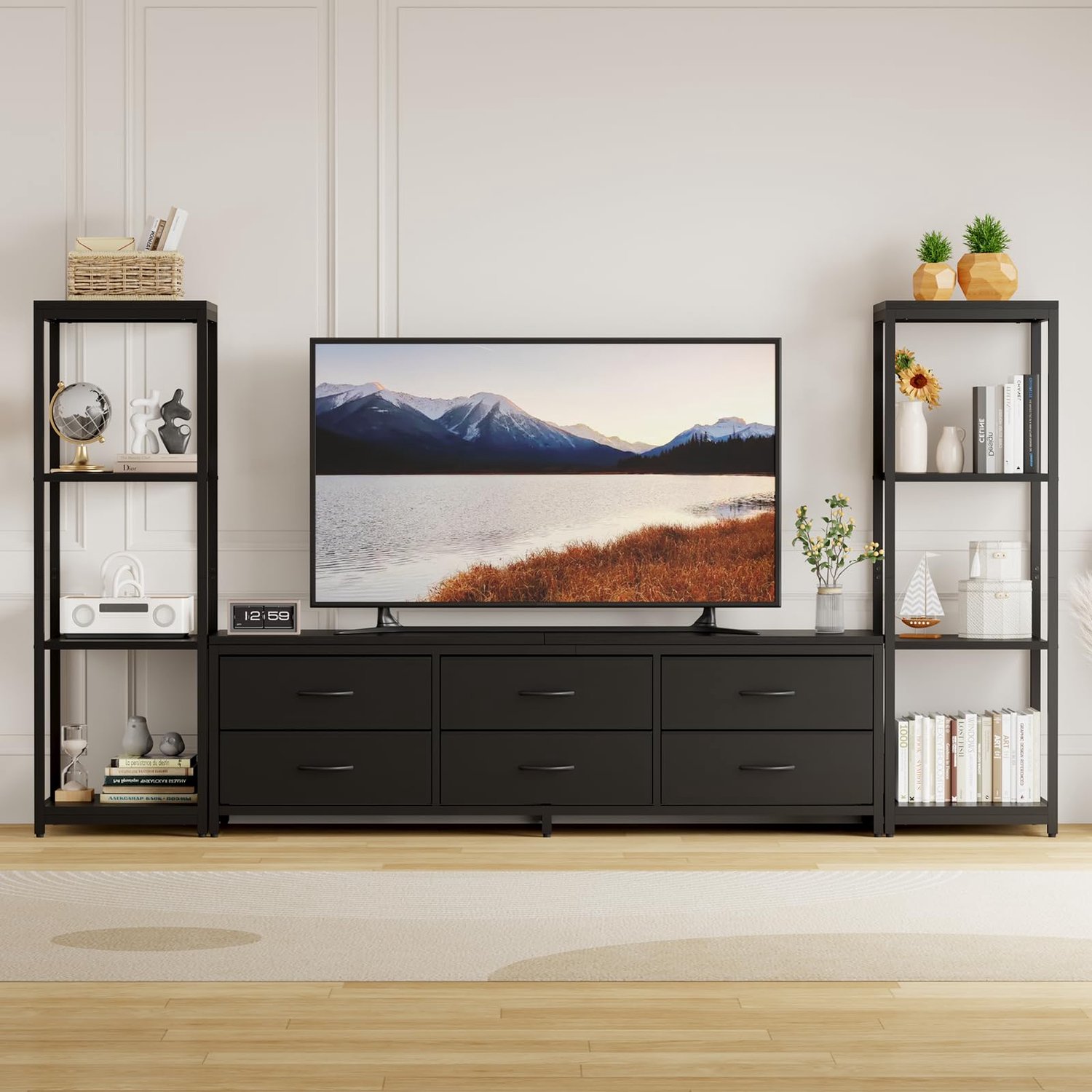 Triumpunpre TV Meubel - TV Kast Met 6 Stoffen Ladekast en 4 Planken - Voor TV's Tot 75 Inch - Opbergmeubel Voor Slaapkamer en Woonkamer - Zwart