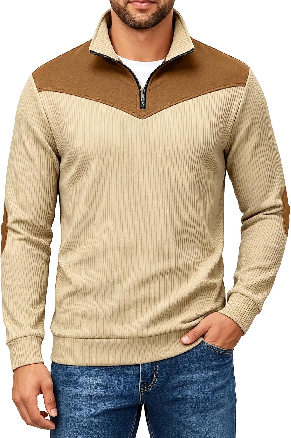 Sweatshirt met rits, imitatie suède patches