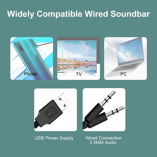 RGB desktop-Soundbar, draagbare pc-luidspreker, bassurround computerboxen, USB-bediening, 3,5 mm audio-ingang voor pc, laptop, smartphone, tablet, tv, MP3, MP4 — afbeelding 3