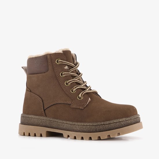 Bruine gevoerde veterboot van Blue Box, gezien vanaf de rechterkant, met veter en ritssluiting.
