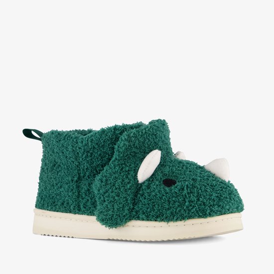 Groene dinosaurus-pantoffel van pluche met witte details en beige zool.