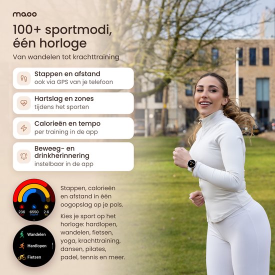Vrouw jogt buiten met een Maoo smartwatch om, tonend sportmodi zoals hartslag en calorieën in de app.
