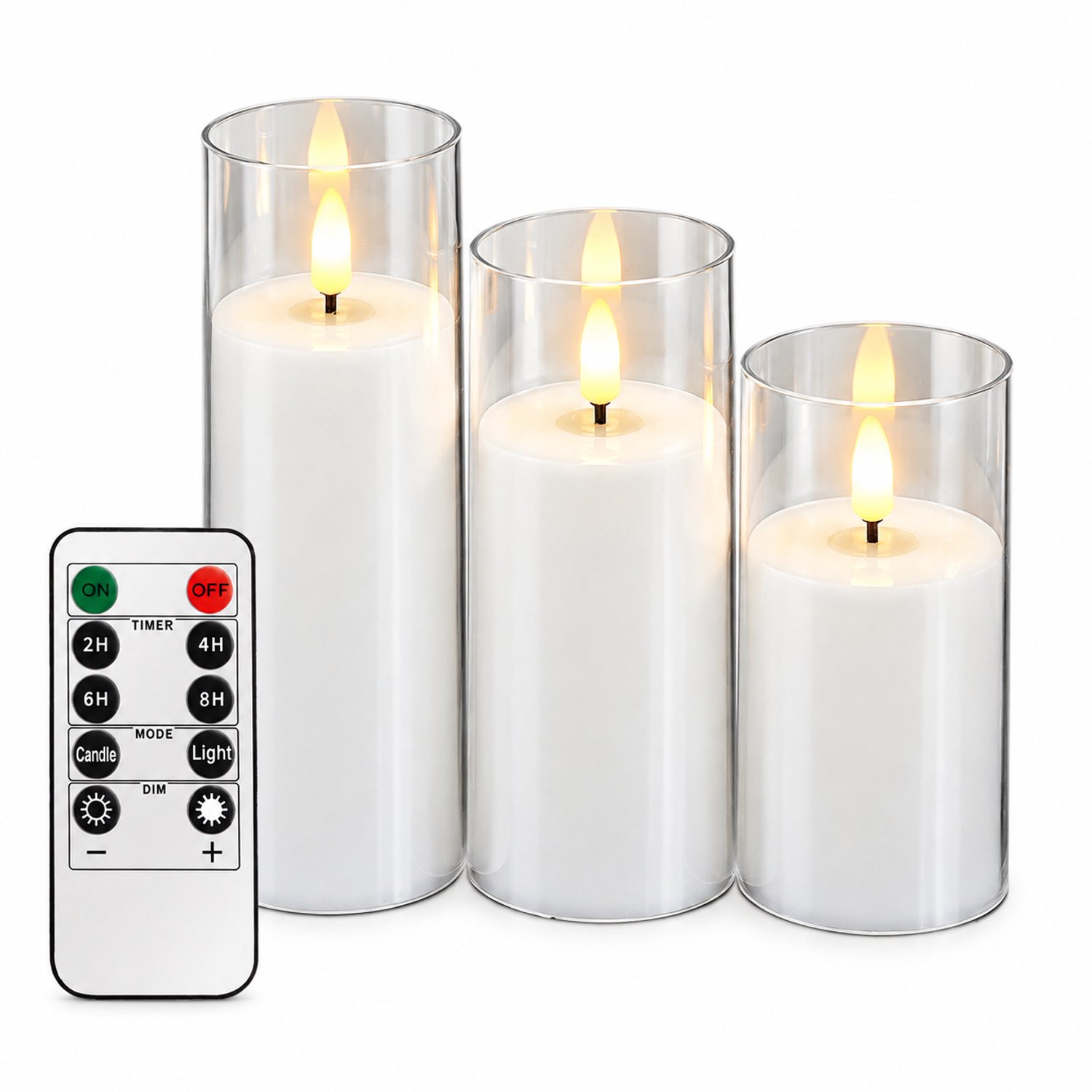 led kaarsen - set van 3, wit, 5,5 x 10/12,5/15 cm, transparante omhulling en afstandsbediening voor sfeerdecoratie