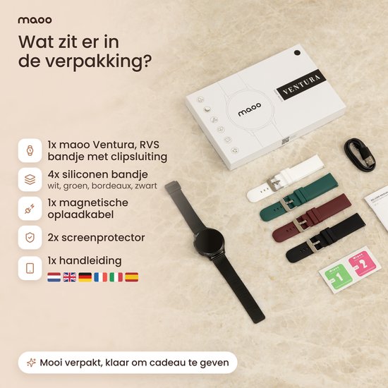 Overzicht van de verpakking inclusief zwarte smartwatch, vier extra siliconen bandjes, oplaadkabel en screenprotector.