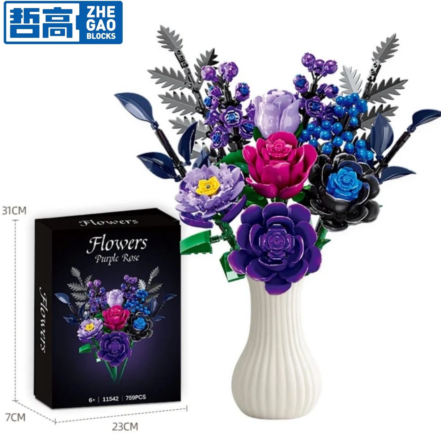 Zhe Gao 11542 Paarse Rozen BIoemen Boeket bouwset | Botanical Flowers Collection 2026 modelbouw | Classic Creator speelgoed bouwpakketten voor volwassenen & kinderen | kunstbloemen niet geschikt voor lego | bouwdoos met 759 bouwstenen — afbeelding 9