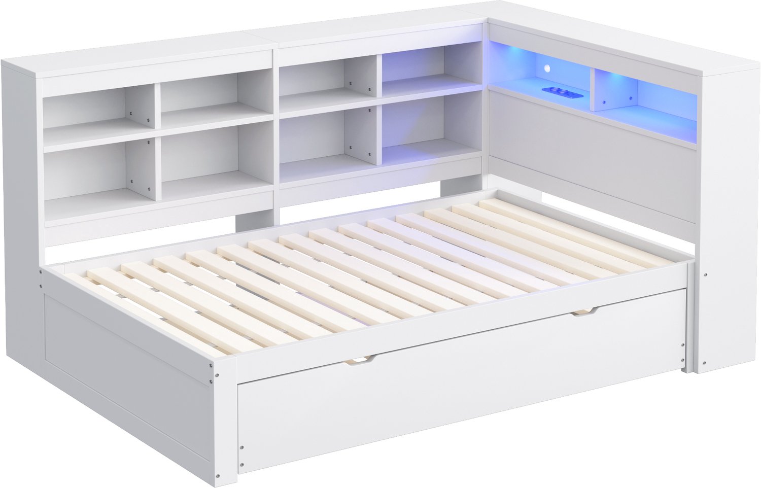 MUVANO Massief houten slaapbank 90 x 200 cm - eenpersoonsbed met uitschuifbed - bed met USB-aansluiting en LED-verlichting - wit bed met opbergruimte