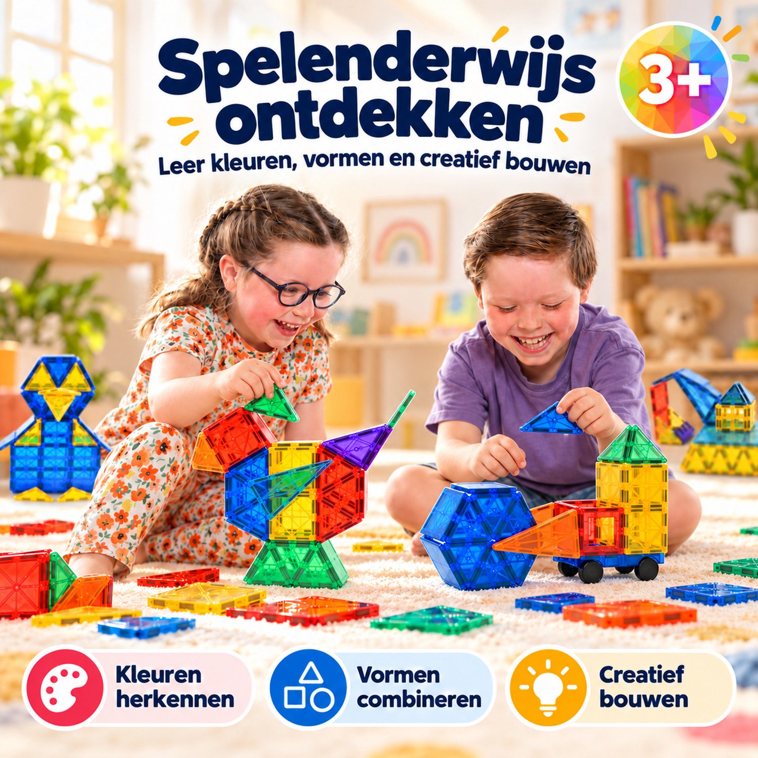 Magna Minds - Magnetic Tiles- Magnetisch Speelgoed – 135 stuks - Constructie speelgoed - Magnetische tegels - Montessori speelgoed - Magnetic toys - Magnetische bouwstenen - Speelgoed Kinderen — afbeelding 8