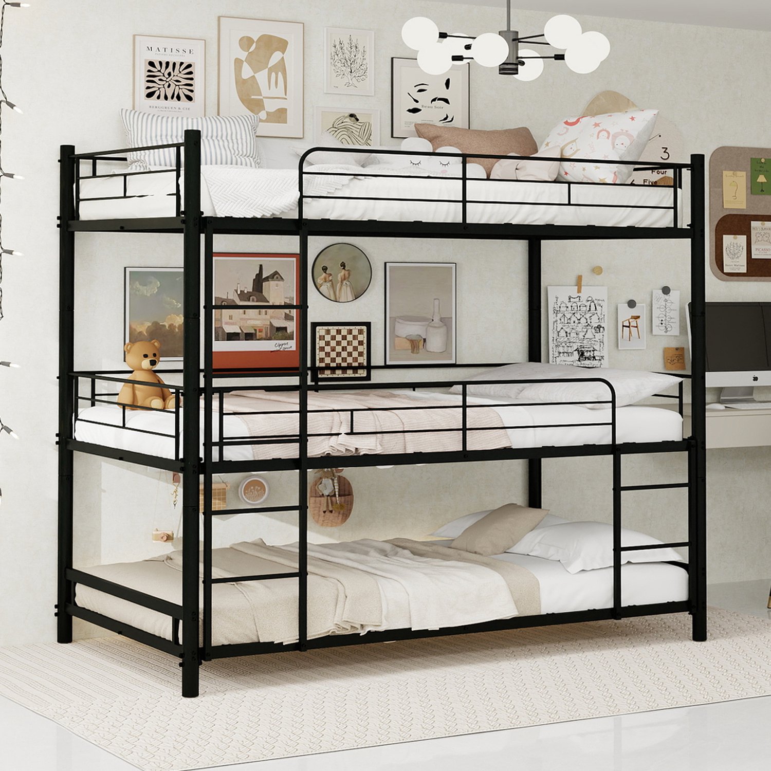 Clruro Stapelbed - 90x190 cm - 3 Slaapplaatsen - Ladder en Veiligheidshekken - Metaal - Zwart