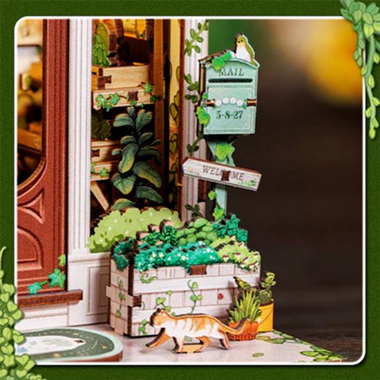 DIY "Boekenhoek" Bouwmodel - Mini Groene Boekhandel - 3D Houten Puzzel - Zelf in elkaar te zetten Huis - Miniatuur Scène Set - Model Speelgoed - Geschikt voor Boekenplanken en Woondecoratie - Inclusief LED-verlichting