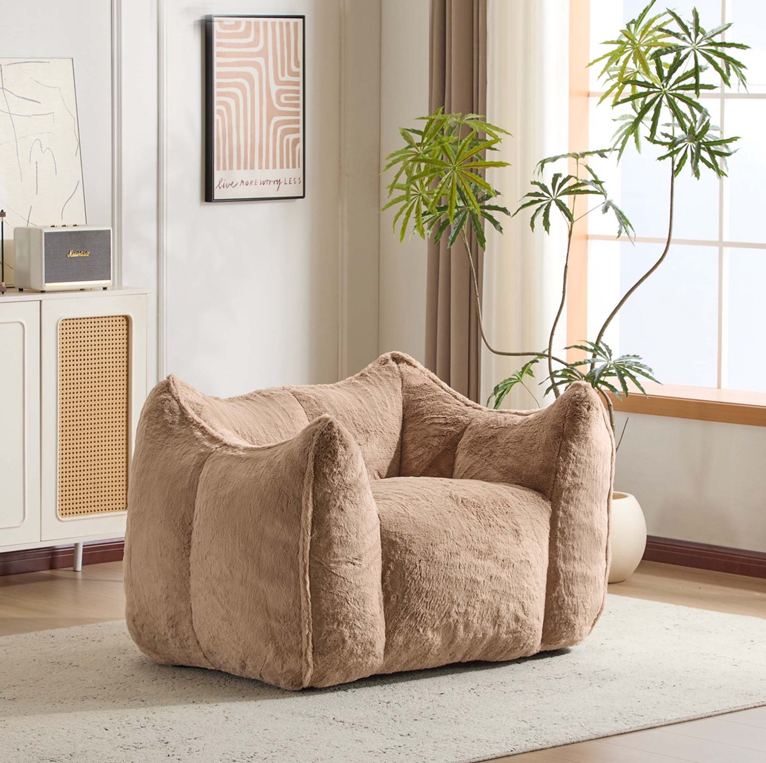 DESMIU Fauteuil Met Hocker - 100,5 x 126 x 75 cm - Zachte Schuimvulling en Frameloos Ontwerp - Voor de Woonkamer - Kunstbont - Khaki