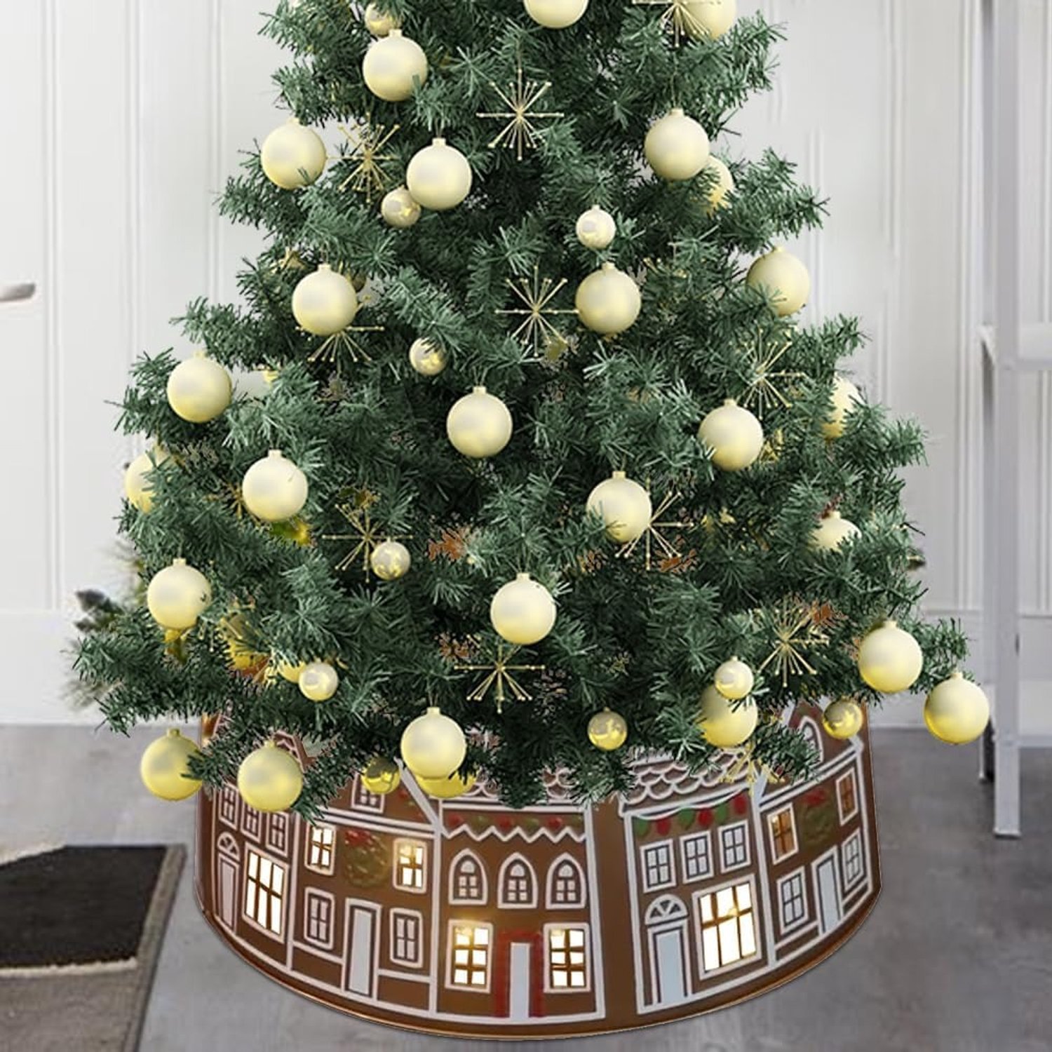 Kerstboomkraag met peperkoekhuis-design - LED-verlichting - 26 inch (ca. 66 cm) - Verlichte kerstboomrok - Afdekking voor kerstboomvoet - Decoratie voor smalle kerstboom - LED-bodemafdekking voor kerstboom – foto 7