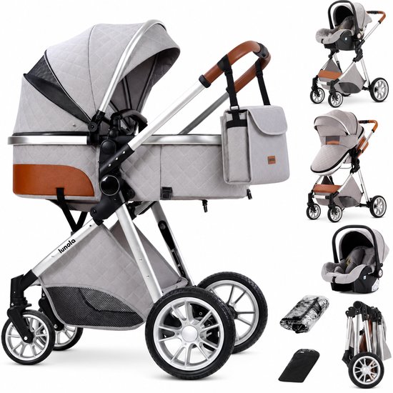 Lichtgrijze Lunola 3-in-1 kinderwagen met doorgestikt patroon, bruine lederlook details en bijpassende luiertas.