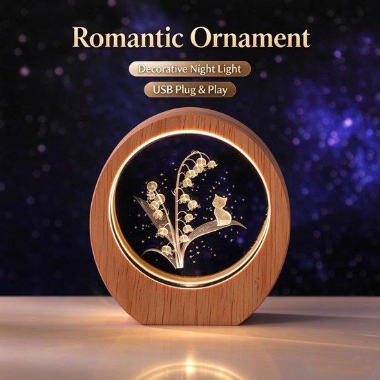 Namajunas - kristal 3D gegraveerde nachtlampje met houten ronde lijst - zacht warm LED licht - gegraveerd met lelietjes-van-dalen en een kat - USB voeding - romantisch tafelornament, cadeau voor verjaardag, sfeerverlichting voor slaapkamer van Namajunas — afbeelding 3