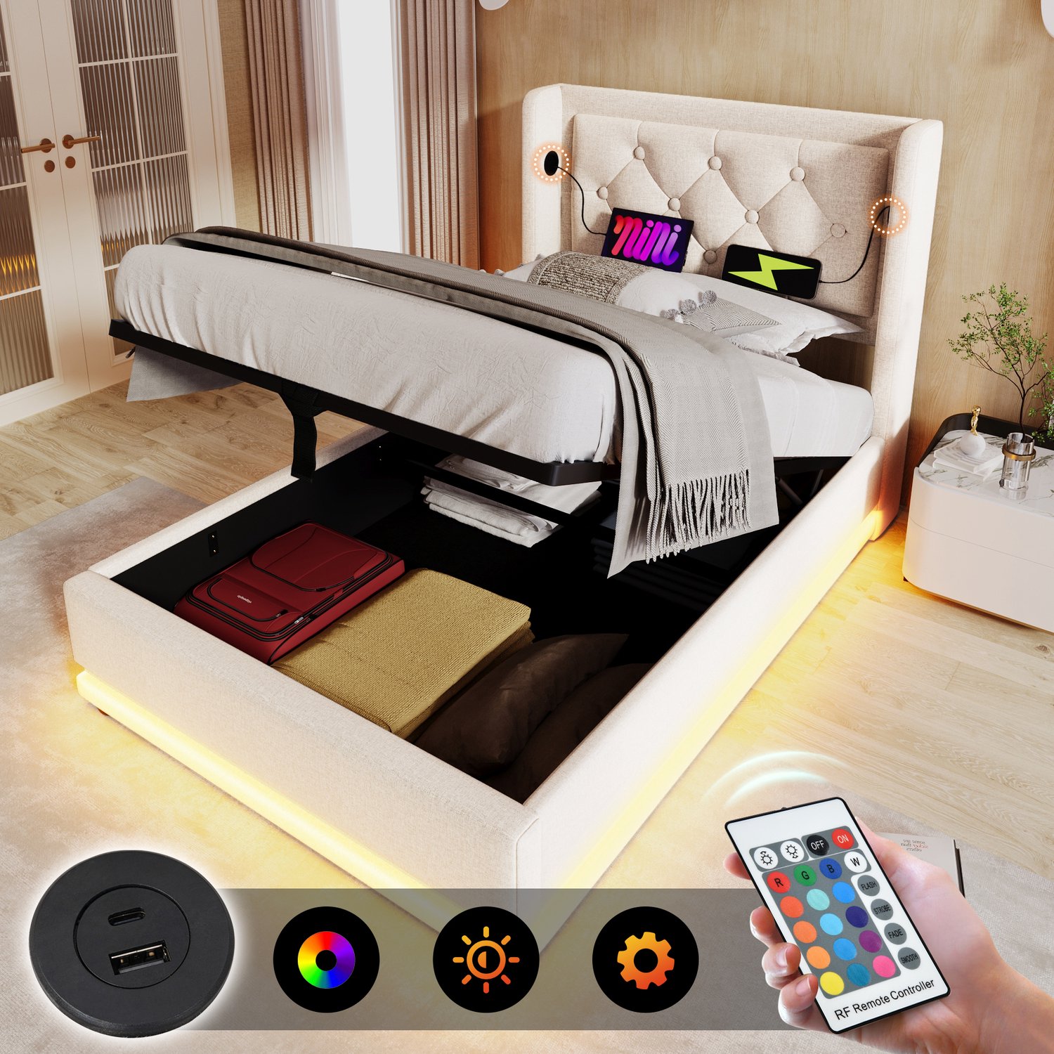 Vovtenza Gestoffeerd eenpersoonsbed 90*200 cm - beige katoen - hydraulisch opbergbed - gewatteerd hoofdeinde met USB Type-C oplaadfunctie - 3-zijdige LED-verlichting (matras niet inbegrepen)