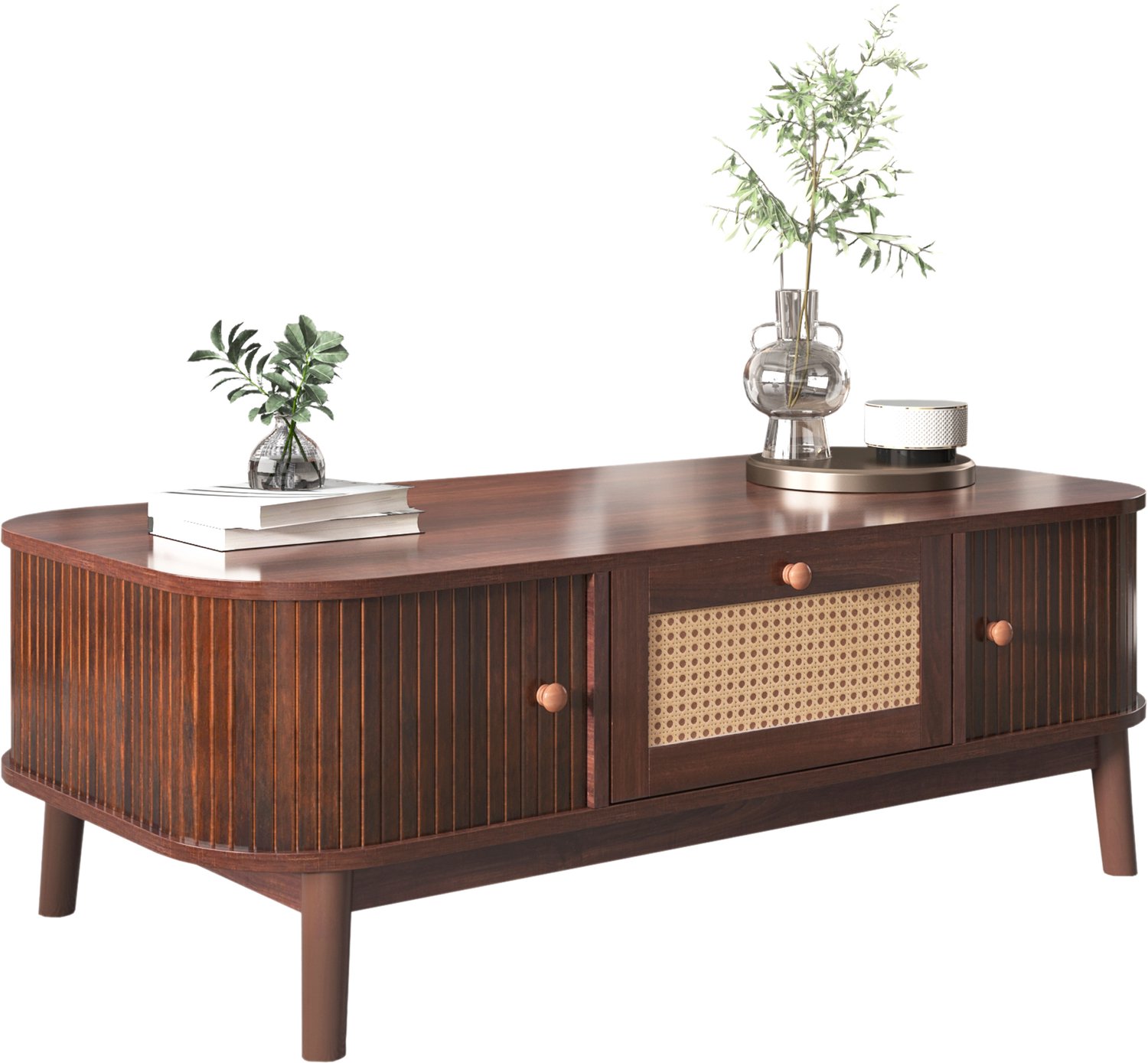 DantefHandels Salontafel - Rattan-salontafel, laden met Rattan en schuifdeuren met Massivhoutlatten, Massivhoutpoten, Natürlicher Landhausstil. naturel