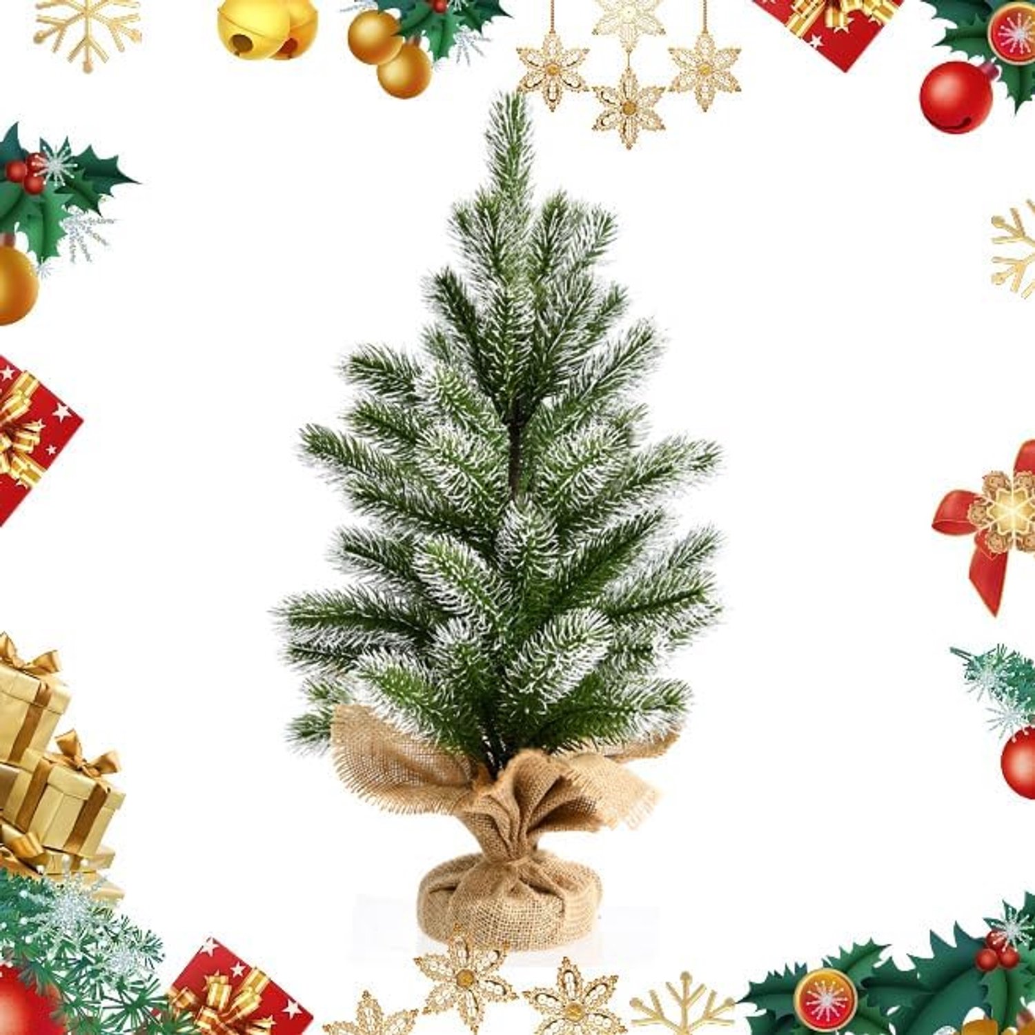 KOMFOTTEU Mini-kerstboom - kunstkerstboom klein met sneeuw en cementbasis - decoratieve boom voor Kerstmis - kerstdecoratie voor thuis, kantoor en winkels