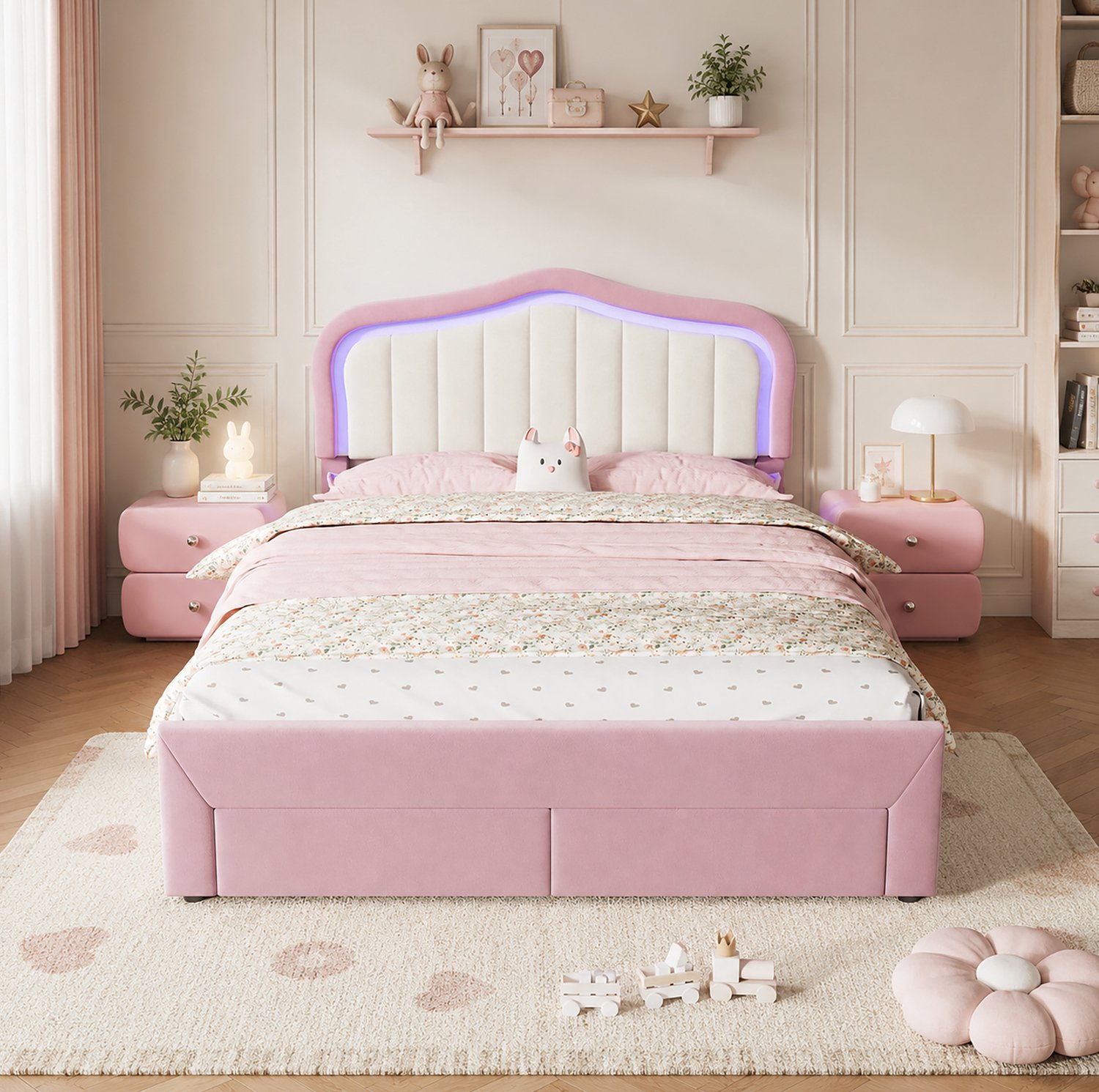 Wishdor Kinderbed 140x200 cm - Roze fluwelen bekleding en witte rugleuning - Twee lades aan het voeteneind en LED-verlichting met appbediening - Kinderkamer en jeugdkamer Roze en wit