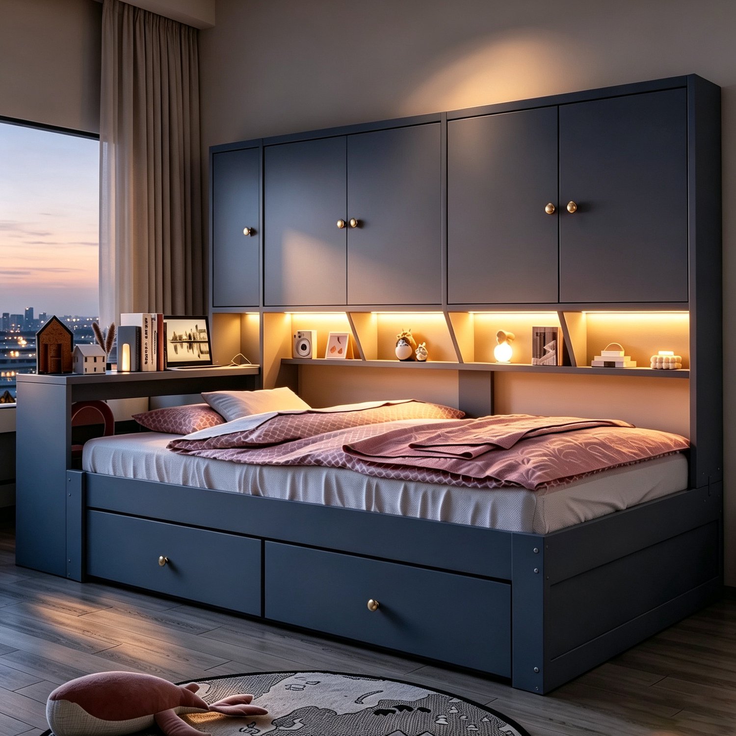 Zubaliya MDF Houten Bed 90x200 cm Grijs Met LED-verlichting, Opbergruimte, Lattenbodem