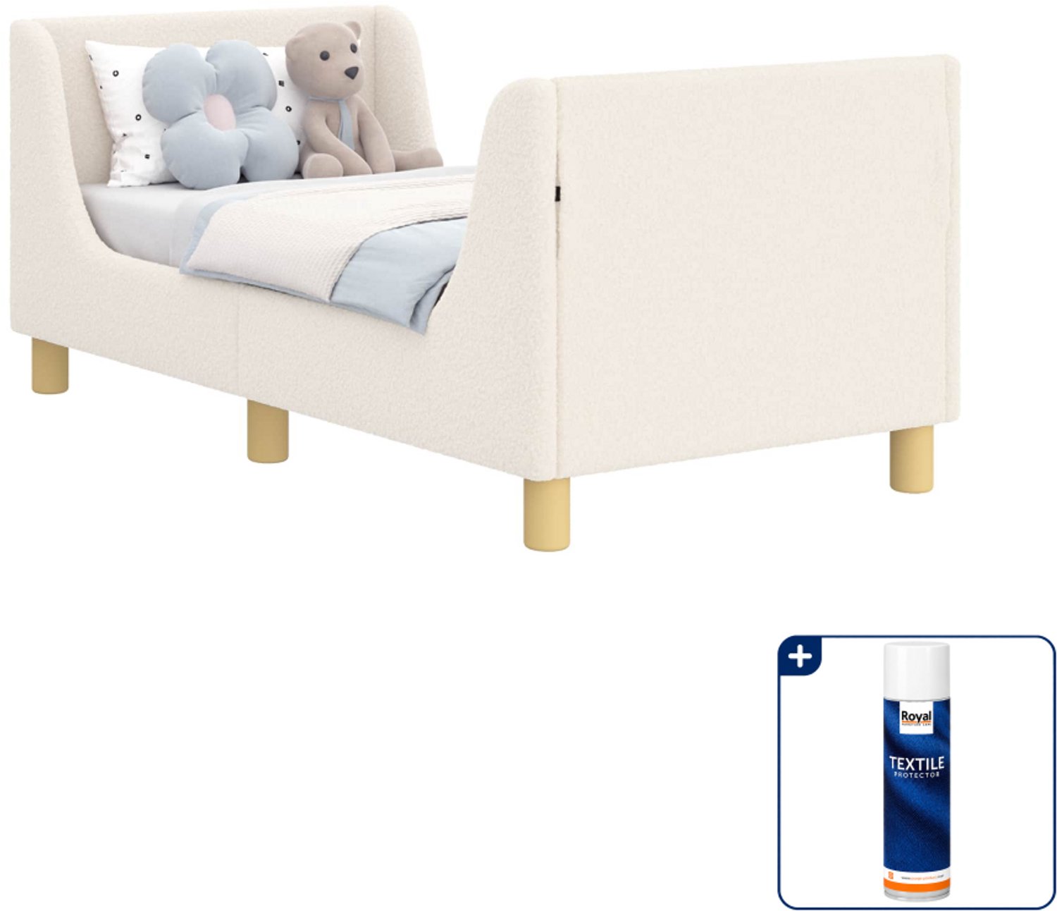 vidaXL peuterbedframe met hoofdbord - 70 x 140 cm - bouclé - crème - Inclusief textielbeschermer 500 ml