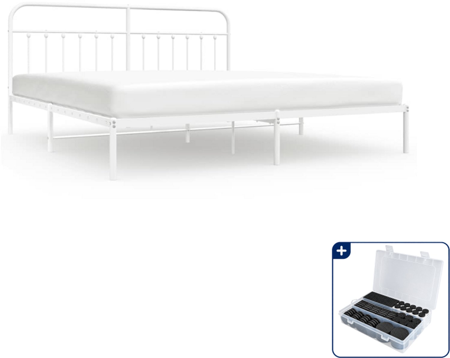 vidaXL bedframe met hoofdbord - 200 x 200 cm - staal - wit - Inclusief antikrasvilt 177-delig