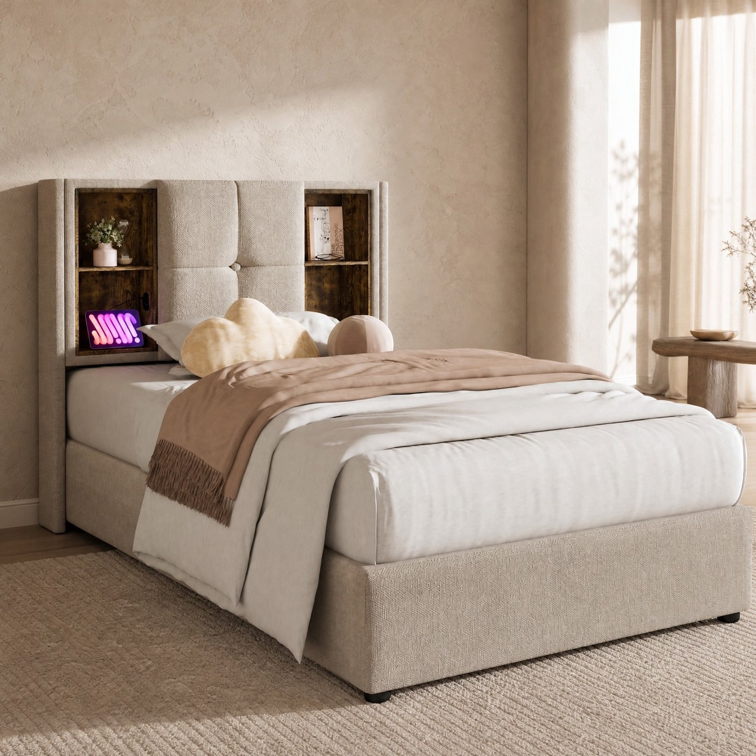 Maisentiel Eenpersoonsbed 90x200 cm met opbergruimte, lattenbodem en draadloos opladen - naturel