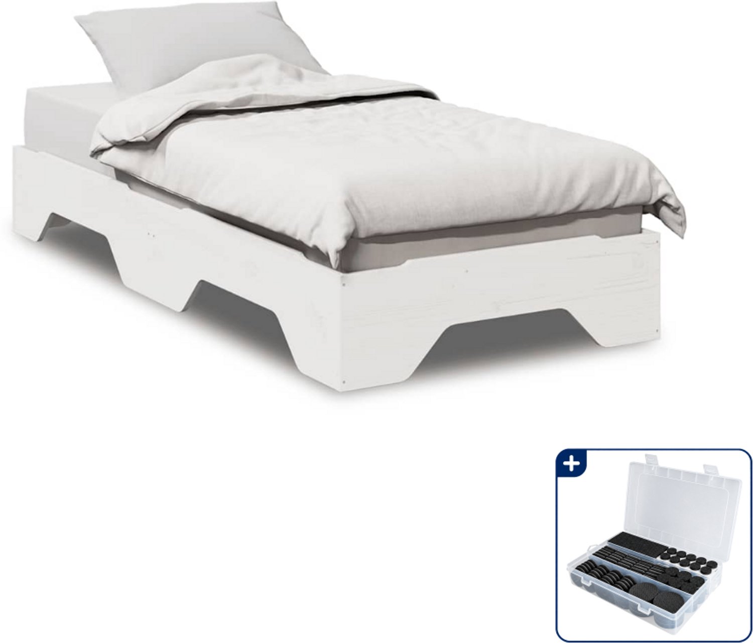 vidaXL stapelbaar bedframe - 90 x 190 cm - massief grenenhout - wit - Inclusief antikrasvilt 177-delig