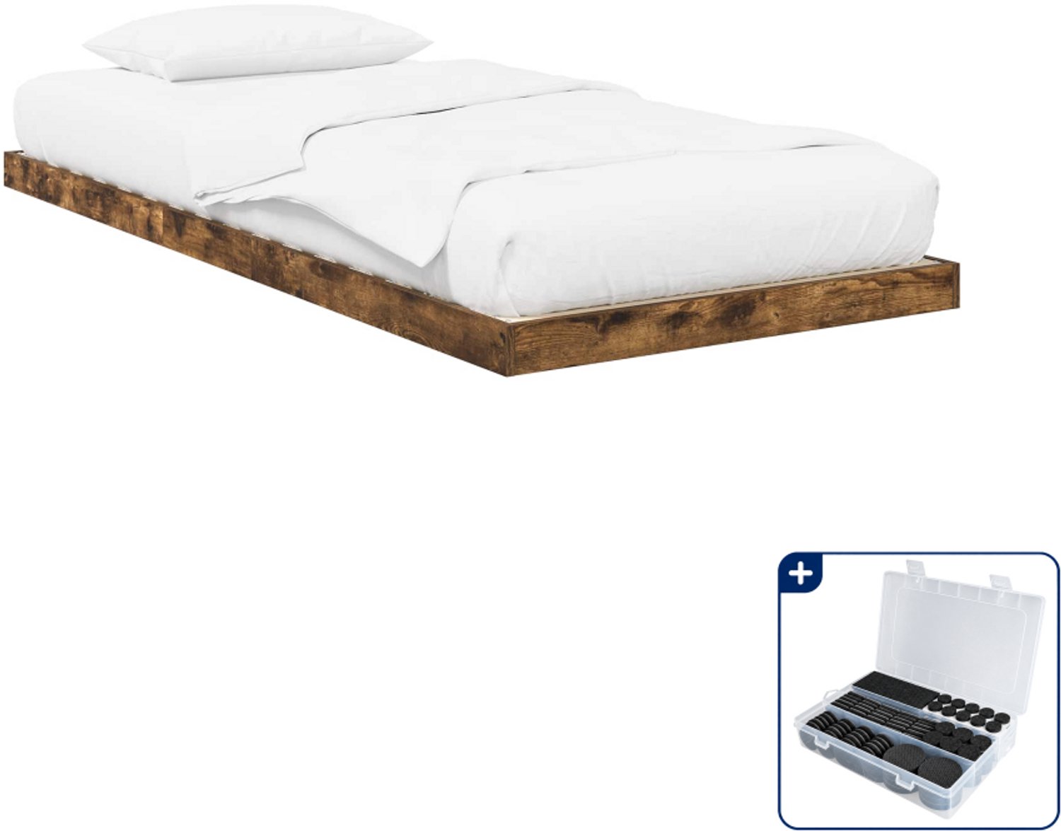 vidaXL vloerbedframe - 75 x 190 cm - bewerkt hout - gerookt eiken - Inclusief antikrasvilt 177-delig Bruin