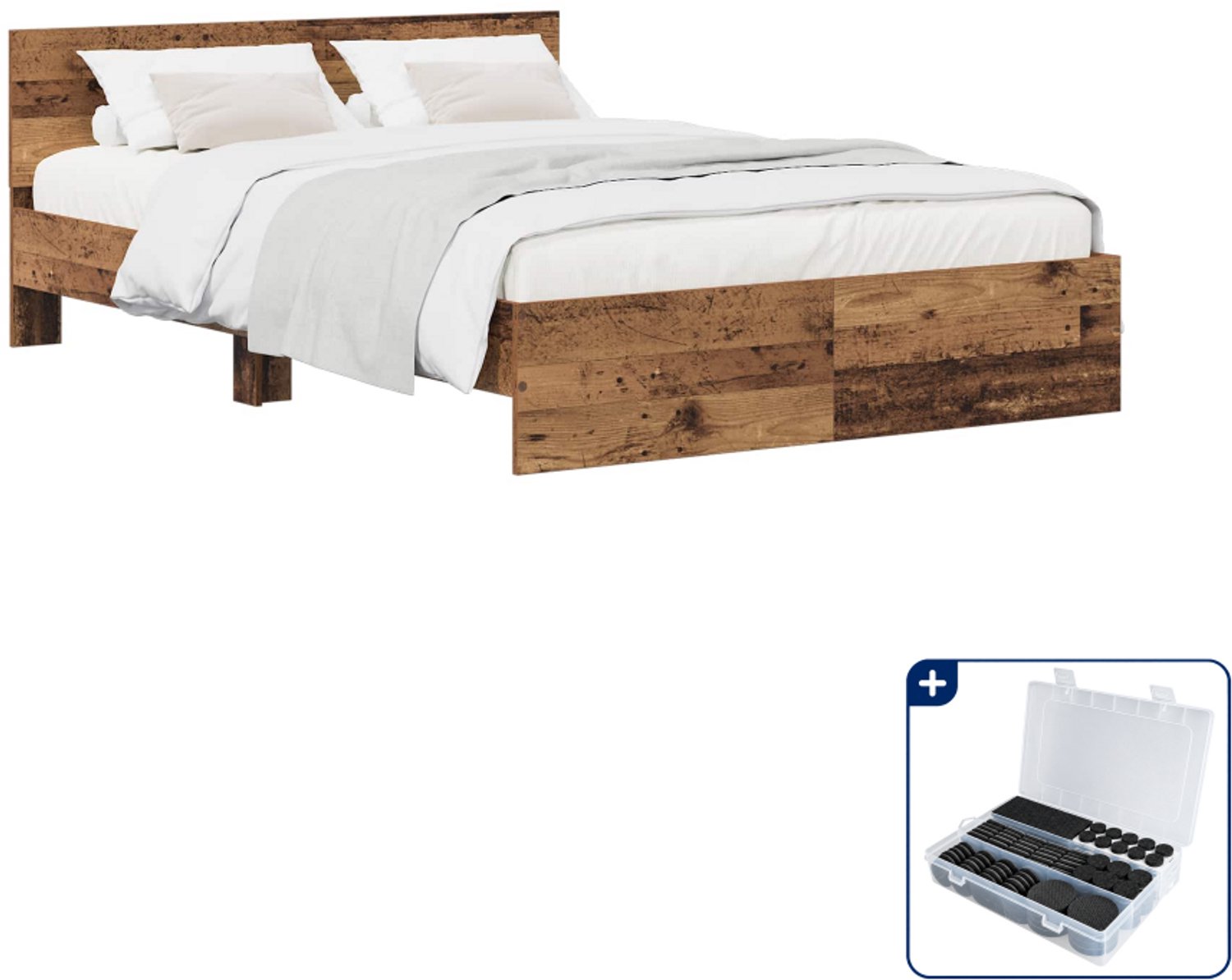 vidaXL bedframe met hoofdbord - 120 x 200 cm - bewerkt hout - oud hout - Inclusief antikrasvilt 177-delig Bruin