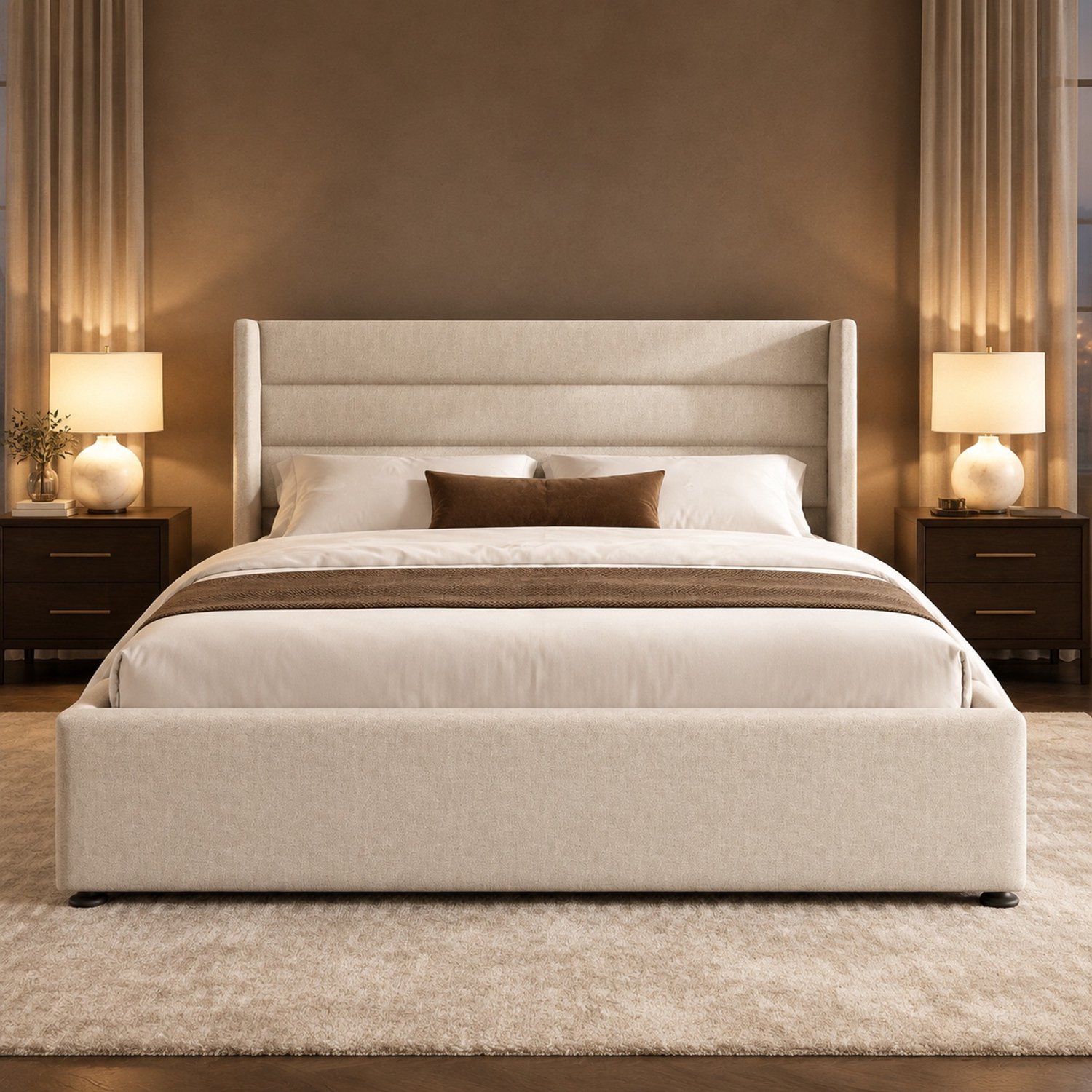 Maisentiel Gestoffeerd tweepersoonsbed met opbergruimte en lattenbodem - 180 x 200 cm - beige