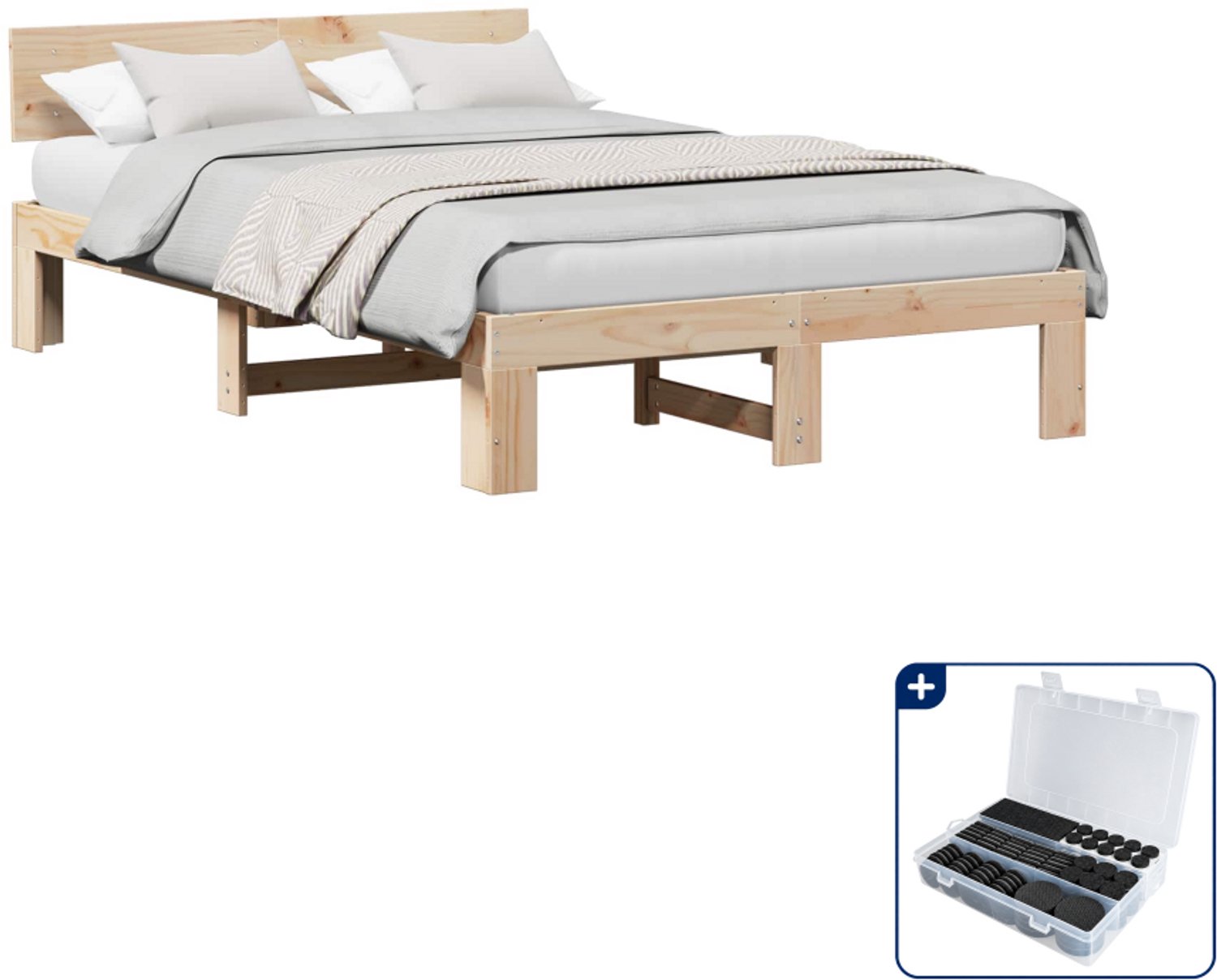 vidaXL bedframe met hoofdeinde - 135 x 190 cm - massief grenen - naturel - Inclusief antikrasvilt 177-delig Bruin