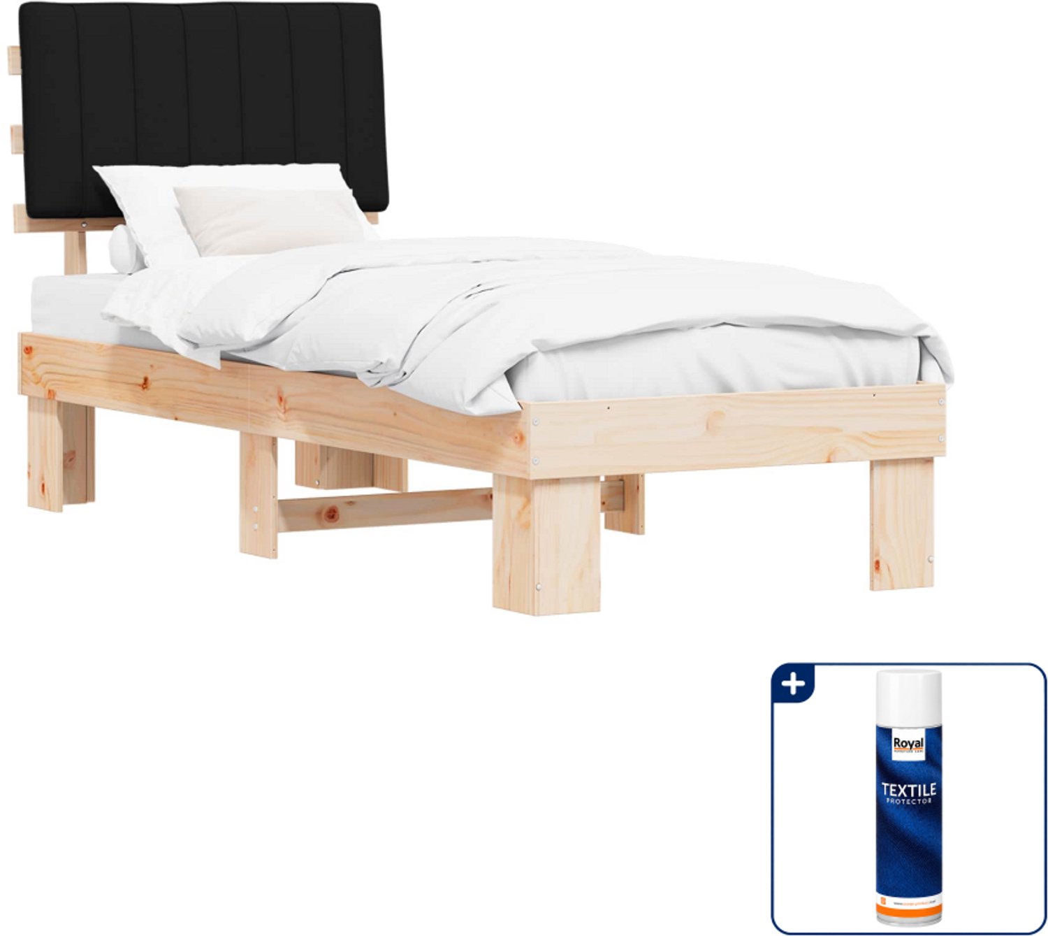 vidaXL bedframe - 75 x 190 cm - massief grenenhout - zwart - Inclusief textielbeschermer 500 ml