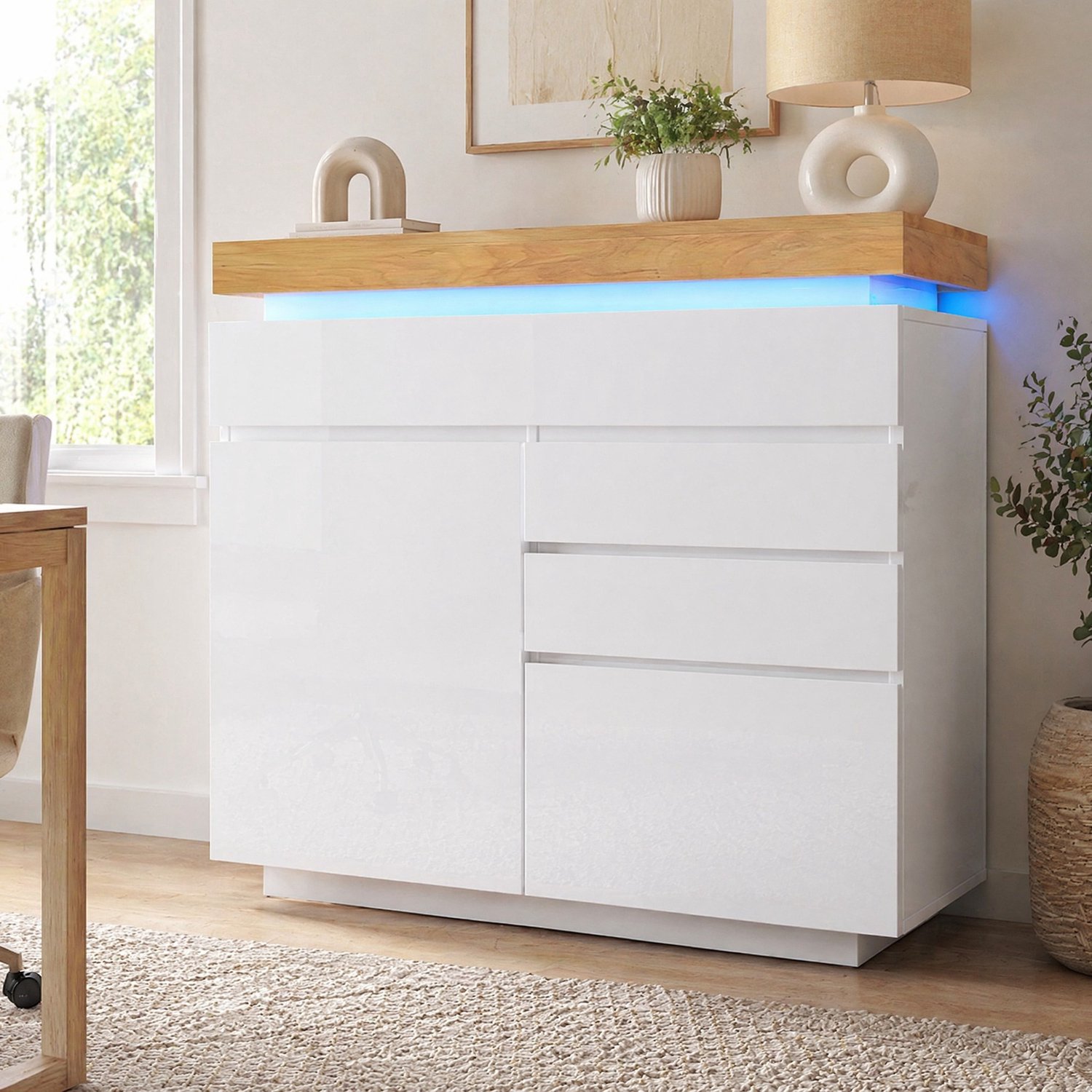Maisentiel Wit hoogglans dressoir met LED-verlichting, 2 deuren en 3 laden - 110 x 39 x 115 cm