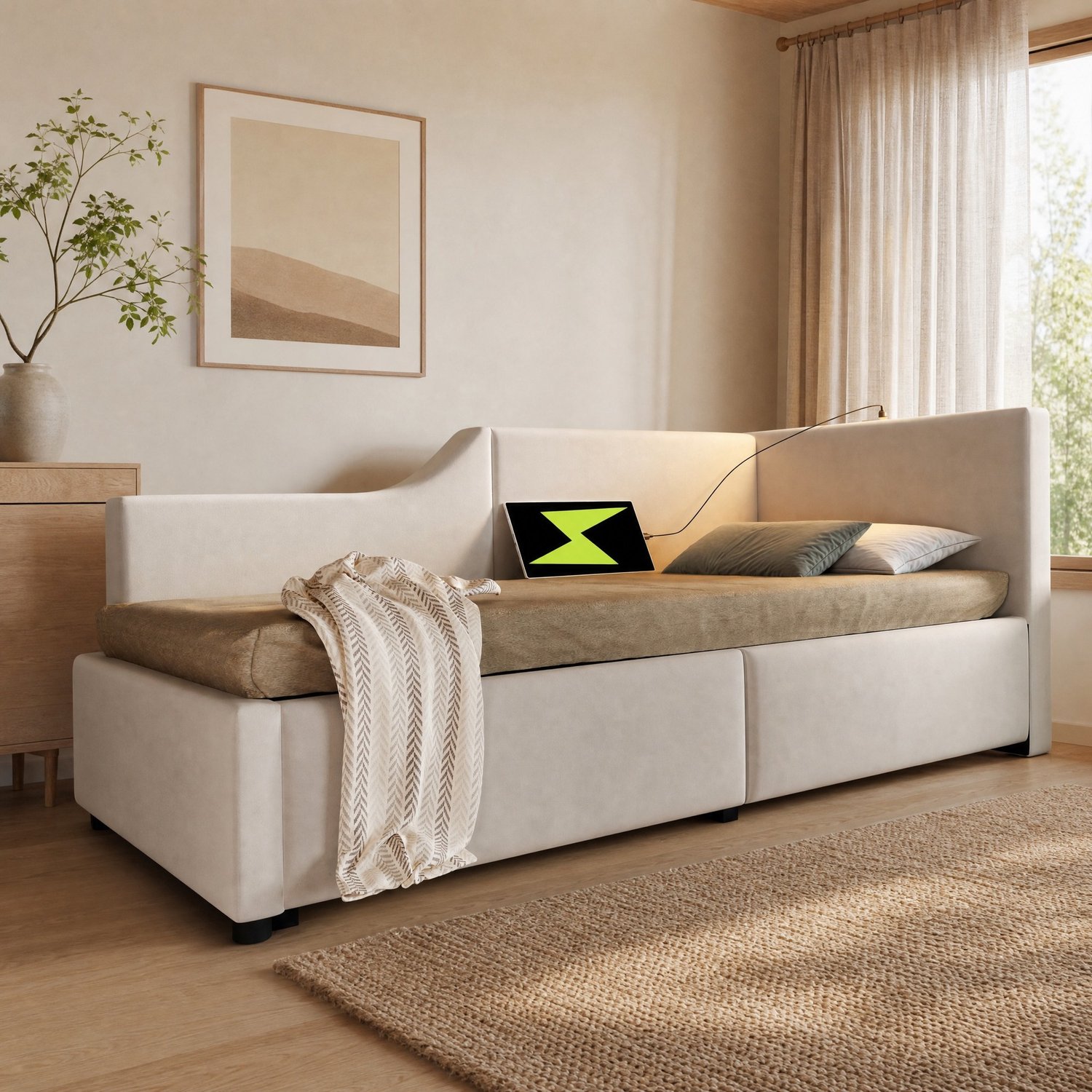 Maisentiel Gestoffeerd dagbed 90 x 190 cm met opbergruimte, leeslamp en USB-C – beige fluweel